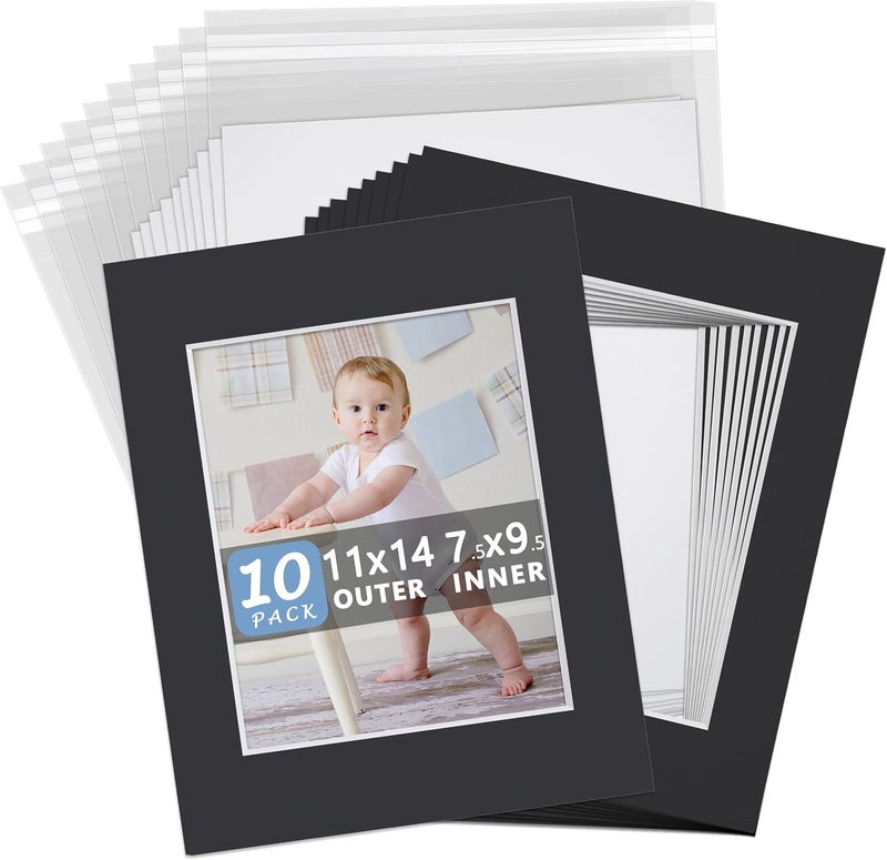 Somime 10 Pack 11x14 Black Picture Mat Kit for 8x10 Photo with White Core Bevel Cut Mattes Sets - Includes 10 Acid Free Pre Cut Mats & 10 Backings & 10 Print Sleeve Bags - Image 1